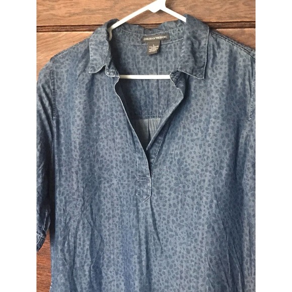 Chelsea & Theodore Shirt Dress Blue Chambray Leopard Animal Print Roll Tab Sz L - Picture 4 of 10